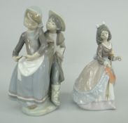 TWO LLADRO PORCELAIN MODELS a girl being teased by a boy in ladies hat and a girl with medieval