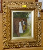 19TH CENTURY BRITISH SCHOOL oil / gouache on panel - two figures against a wall with gentleman in