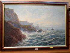 JOEL OWEN oil on canvas - rocky and squally coastal scene with boats and gulls, signed and dated