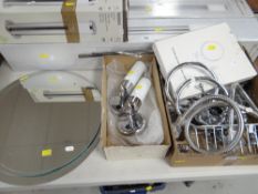 PAIR OF BOXED CHROME BATHROOM LIGHTS together with three bevelled bathroom mirrors, John Lewis