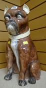 POTTERY SEATED BOXER DOG (damaged and repaired)