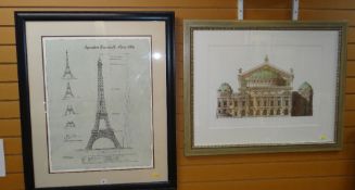 TWO MODERN FRAMED ARCHITECTURAL PRINTS FOR THE EIFFEL TOWER entitled 'Exposition universelle,
