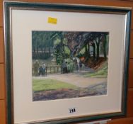 KEITH HALL mixed media on card - figures in a park entitled 'North End Roath Lake', signed, 20 x