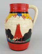 CLARICE CLIFF POTTERY JUG in the Fantasque range 'Summerhouse’ the body of ribbed form and with