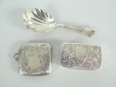 SILVER ENGRAVED SNUFF BOX (BIRMINGHAM 1899), caddy spoon (London 1903), vesta case (Birmingham 1903)