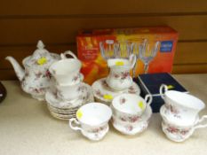 ROYAL ALBERT LAVENDER ROSE TEAWARE / BOX OF CUT GLASS DRINKING GLASSES / BOXED ROYAL WORCESTER PIE