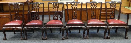 GOOD SET OF SIX CHIPPENDALE STYLE MAHOGANY DINING CHAIRS, drop in red leather covered cushion seats,