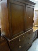 ANTIQUE PRESS CUPBOARD, two long, two short drawers, shelved interior, 190cms h x 121cms w