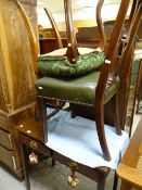 ANTIQUE MAHOGANY SIDE TABLE / TWO ANTIQUE STUDDED LEATHER CARVED BACK CHAIRS (3)