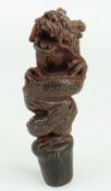 CARVED HARDWOOD KNOP OR STOPPER in the form of a snarling dragon, unmarked