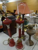 PAIR OF GLASS TABLE LAMPS / BRASS FOOTED TABLE LAMP / OIL LAMP (4)