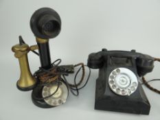 TWO VINTAGE BAKELITE / CELLULOID TELEPHONES, one being a two piece candlestick type, the other