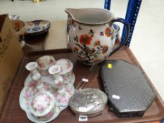 CONTINENTAL PORCELAIN DRESSING TABLE SET / LOSOL WARE TOILET JUG / WHITE METAL BOX / NEAT RETRO