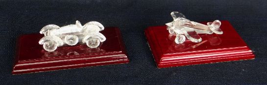 SWAROVSKI CRYSTAL AEROPLANE & 'OLD TIMES' MOTOR CAR WITH ROSEWOOD PLINTHS
