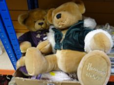 TWO HARRODS ANNUAL TEDDYBEARS & ANOTHER / SMALL PORCELAIN HEAD DOLL