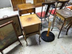 MODERN CIRCULAR GLASS TOPPED LAMP TABLE, vintage carved hardwood side table, two embroidered fire