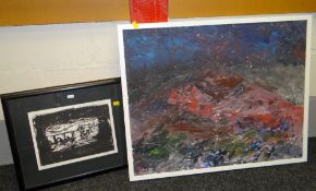 HUW HALL oil on canvas - stormy landscape, signed, 60 x 75cms, together with a limited edition