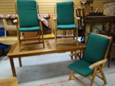 MODERN SLATTED GARDEN TEAK PATIO TABLE together with three adjustable cushion garden chairs, Teak
