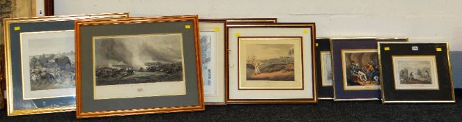 ASSORTED FRAMED ANTIQUE PRINTS including four hunting prints with titles, a print for 'The Battle of