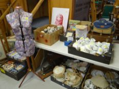 LARGE QUANTITY OF MIXED ITEMS including tailor's dummy, teaware, pictures, ephemera, DVD's, mirror