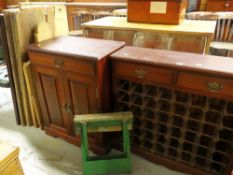 A REPRODUCTION WINE RACK WITH TWO UPPER SHELVES / REPRODUCTION CUPBOARD WITH DRAWER / DISMANTLED PEW