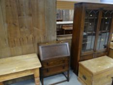PINE KITCHEN TABLE / VINTAGE BUREAU / VINTAGE TWO DOOR GLAZED BOOKCASE WITH CUPBOARD BASE (3)