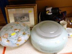 ASSORTED ITEMS including vintage glass ceiling shades, topographical prints, Canon Eos camera ETC