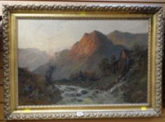 AUBREY RAMUS oil on canvas - mountains and river with mill, signed, 48 x 73cms
