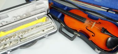 TWENTIETH CENTURY CASED VIOLIN & TWO BOWS together with a cased Odyssey flute with accessories