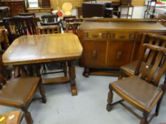 DRAW-LEAF VINTAGE DINING TABLE & FOUR CHAIRS, carved and with matching sideboard (5)