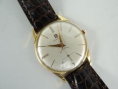 18CT GOLD OMEGA GENTS ANTI-MAGNETIC WRISTWATCH on later leather strap, in box