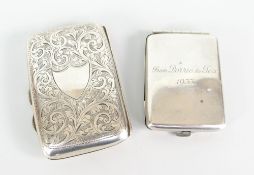 HEAVILY ENGRAVED SILVER CIGARETTE BOX (BIRMINGHAM HALLMARK) and a small silver card case engraved to