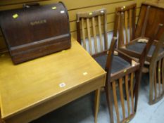 SET OF FOUR MID CENTURY G-PLAN DINING CHAIRS / VINTAGE CASED SINGER SEWING MACHINE / SCHOOL TYPE
