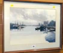 GORDON HALES watercolour - river scene with bridge, buildings and moored vessels, signed and dated