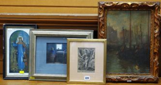 FOUR SUNDRY PICTURES comprising Jacques Dove (Belgian / French 1861-1929) oil on canvas harbour