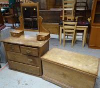 VINTAGE PINE CHEST having iron side-handles, 51cms h x 93cms w / vintage dressing table (2)