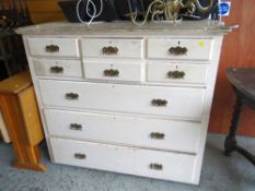 VINTAGE PAINTED CHEST of three long and five short drawers and central hat drawer