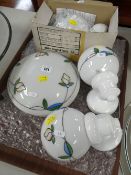 SET OF WHITE CHINA WITH WHITE & LEADED GLOBES LIGHTS including one ceiling light and three wall