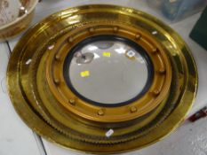GOOD LARGE CIRCULAR ISLAMIC BRASS TRAY / SMALLER SIMILAR / CONCAVE GILT FRAME MIRROR (3)
