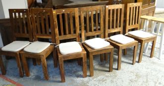 SET OF SIX MODERN STAINED TEAK HIGH BACK KITCHEN CHAIRS with loose cushion seats together with pair