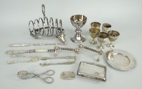 ASSORTED EPNS to include six section toast rack, egg cups, knife rests, cigarette case, sugar nips