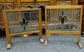 PAIR OF STAINED GLASS OAK FRAMED FIRE SCREENS