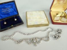 PARCEL OF COSTUME JEWELLERY to include mother of pearl compact, earrings, cuff links etc