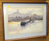 GORDON HALES watercolour - an English port town, possibly Whitby, with jetty, boats and castle tower