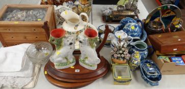 ASSORTED ITEMS including pair of Staffordshire spaniel spill holders / bathroom cabinet with