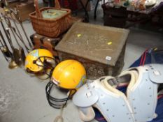 SLOPED BRASS COAL BOX / FIRESIDE ITEMS / BASKET / AMERICAN FOOTBALL ARMOUR