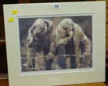 WILLIAM SELWYN coloured print - two farmers in conversation at the mart, signed, 30 x 39.5cms