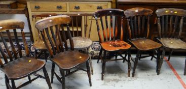 SET OF FIVE COUNTRY ELM CHAIRS with two circular seated wooden chairs (7)
