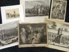VARIOUS ANTIQUE UNCOLOURED ETCHINGS of academic interest and including after Hackert, coloured