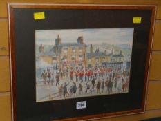LLOYD GEORGE HIGGINS mixed media - brass band in a town, entitled verso 'Arrival For The Contest',
